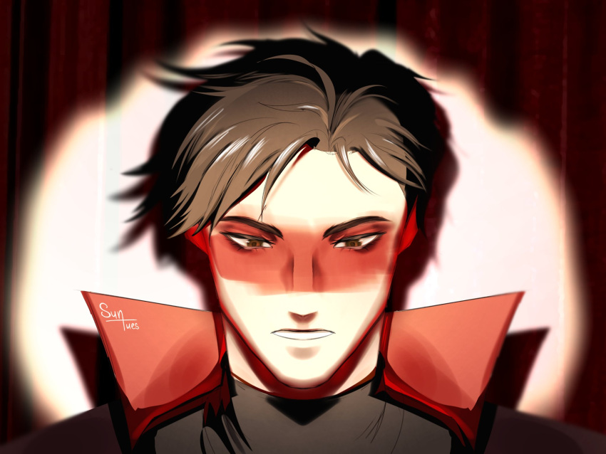 1boy, animification, anthony_stellar, artist_name, black_hair, black_shirt, brown_eyes, hashtag-only_commentary