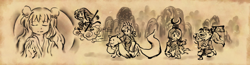 alternate_costume, bindi, buddha, buddhism, closed_eyes, cloud, double_bun, eating