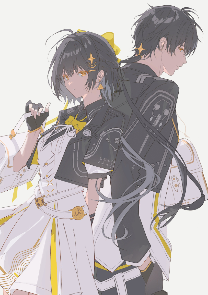 1boy, 1girl, absurdres, bag, black_gloves, black_hair, black_jacket, bow