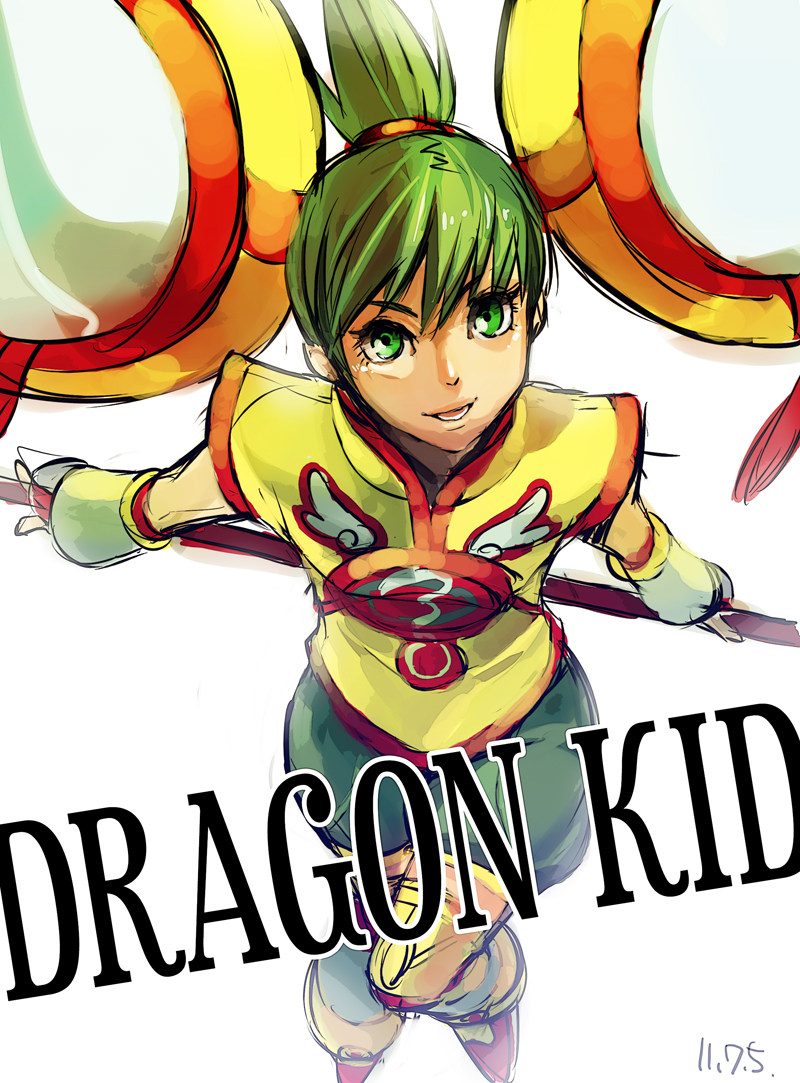 detached_sleeves, dragon_kid, green_eyes, green_hair, hair_ornament, hat, huang_baoling, perspective