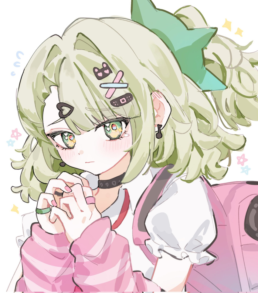 1girl, arm_warmers, bandaid, bandaid_hair_ornament, blush, closed_eyes, collar, commentary_request, ear_blush, earrings, flying_sweatdrops, frilled_sleeves, frills, green_eyes, green_hair, hair_intakes, hair_ornament, heart, heart_hair_ornament, highres, jewelry, looking_at_viewer, multiple_hair_clips, musical_note_earrings, necktie, nekooooowo, pink_arm_warmers, pink_bag, pink_nails, ponytail, red_necktie, shirt, simple_background, solo, sparkle, star_(symbol), striped_arm_warmers, sunna_(zenless_zone_zero), tears, white_background, white_shirt, zenless_zone_zero