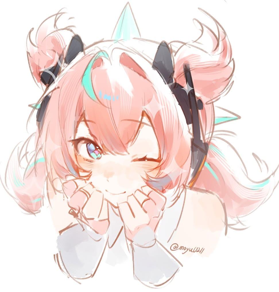 +_+, 1girl, aria_(zenless_zone_zero), blue_eyes, hands_on_own_face, hashtag-only_commentary, headphones, moyu0211