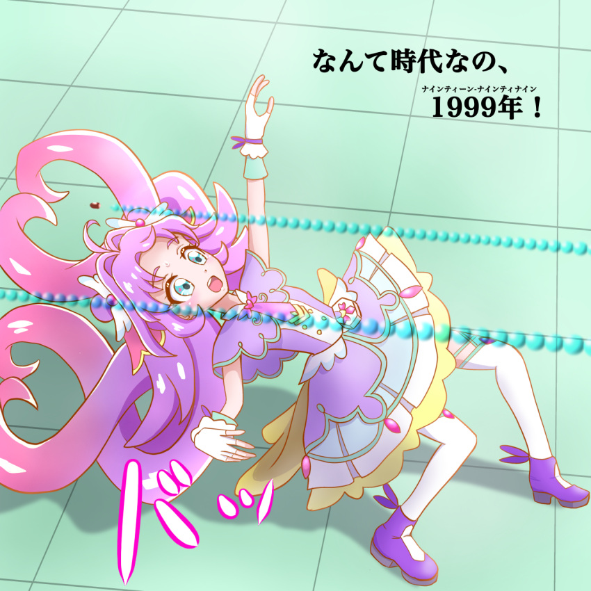 1999, akechi_anna, boots, bullet, capelet, commentary, cure_answer, dodging, dress, fingerless_gloves, gloves, highres, kamihoshi, leaning_back, meitantei_precure!, necktie, parody, precure, projectile_trail, the_matrix, translation_request, year_connection