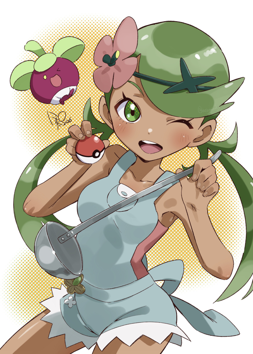 1girl, absurdres, bounsweet, breasts, dark-skinned_female, dark_skin, green_eyes, green_hair