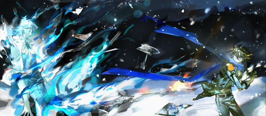 2boys, 99ki5, black_hair, black_shirt, black_sky, blue_coat, blue_eyes, blue_hair