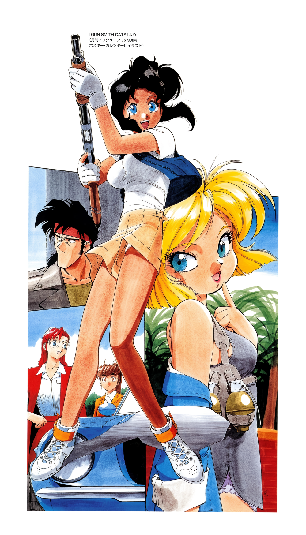 1990s_(style), 1boy, 4girls, bean_bandit, becky_farrah, black_hair, blonde_hair, blue_eyes