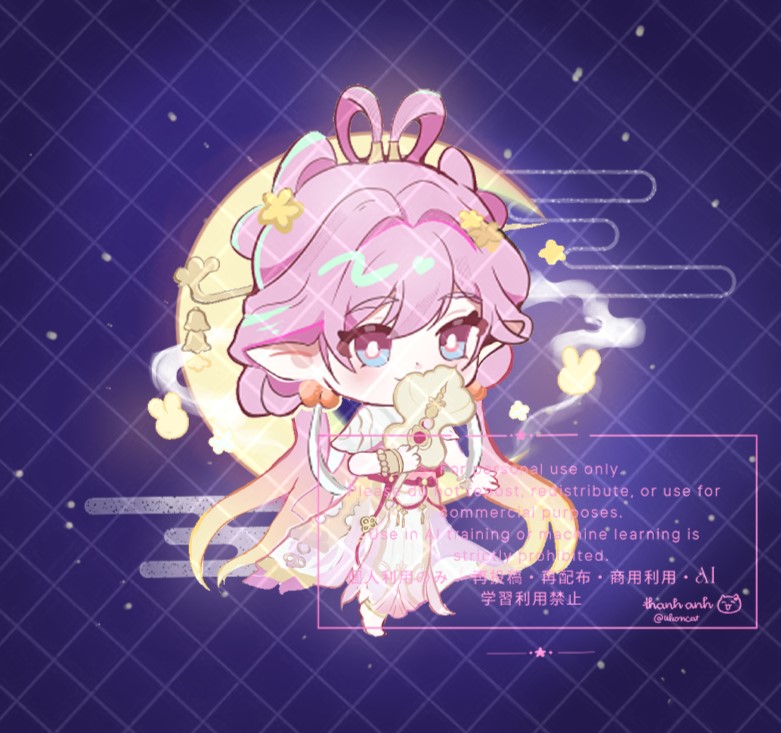 1girl, chibi, chibi_only, chinese_clothes, chinese_hairstyle, commentary, crescent_moon, dress