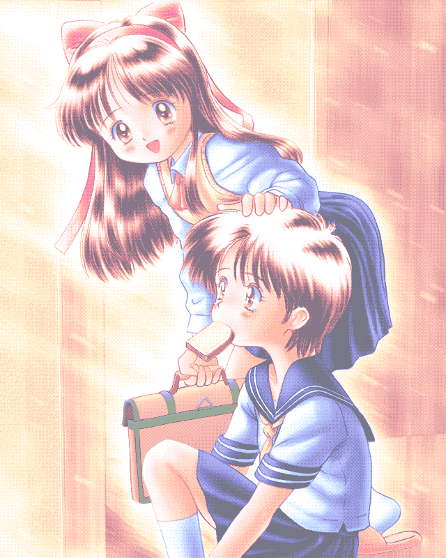 2girls, bad_id, black_hair, blue_sailor_collar, blue_skirt, bow, bread, bread_slice