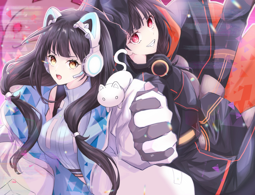 1girl, animal_ear_headphones, animal_ears, asakura_karen_(heaven_burns_red), back-to-back, black_hair, cat_ear_headphones, cat_ears