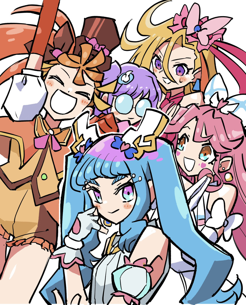 5girls, :d, absurdres, arm_up, black_hat, black_ribbon, blonde_hair, blue_hair