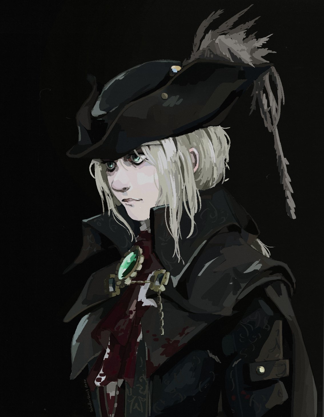 1girl, black_background, black_cape, black_coat, black_hat, bloodborne, brooch, cape