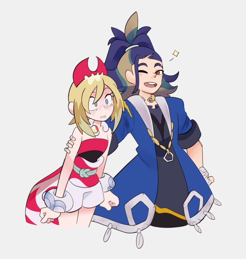 1boy, 1girl, adaman_(pokemon), blonde_hair, blue_coat, blue_hair, blush, brown_eyes