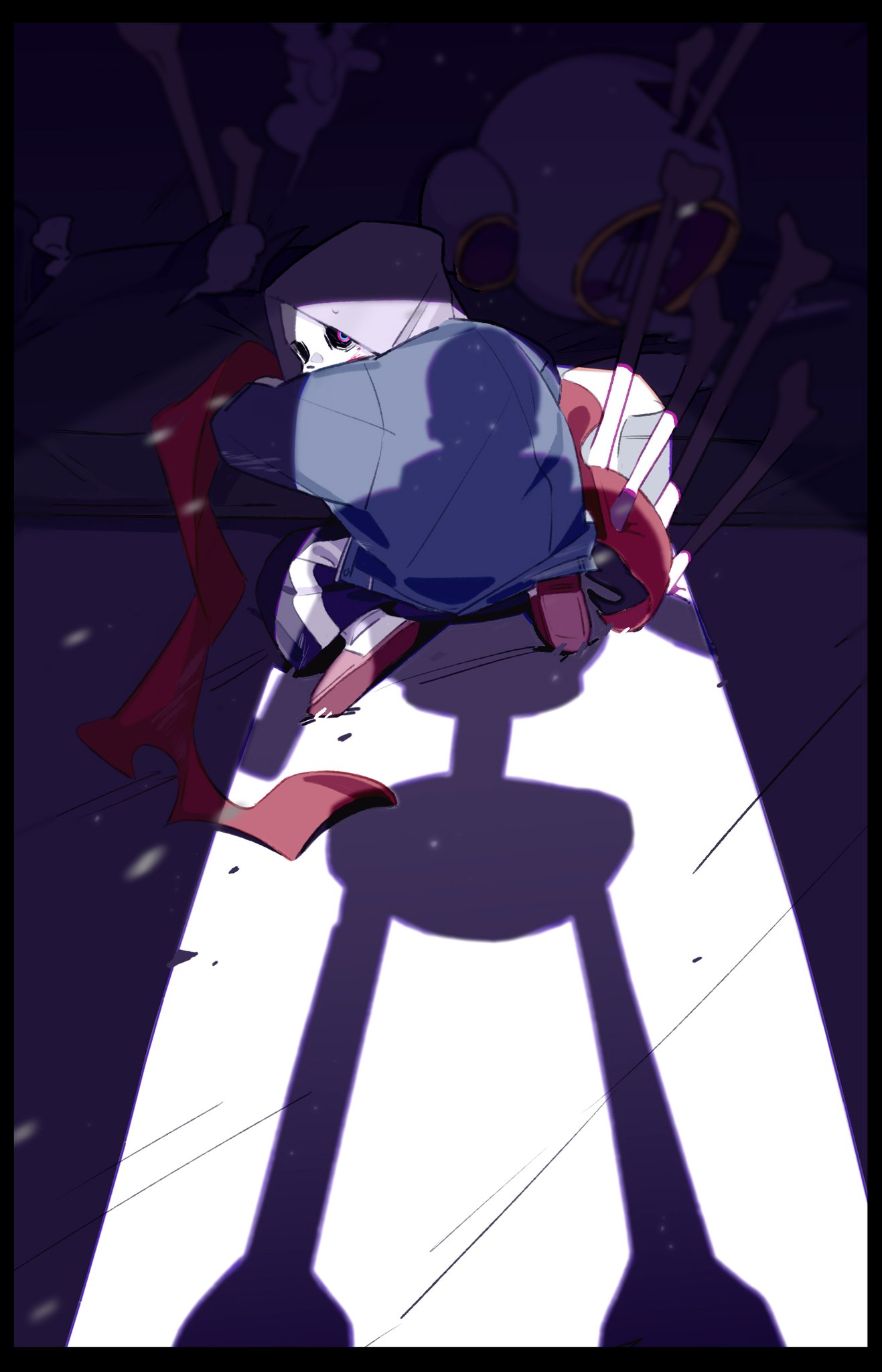 2others, alternate_universe, armor, asaiiro, bags_under_eyes, black_sclera, black_shorts, blood, blood_on_clothes, blood_on_face, blue_hoodie, bone, breastplate, colored_sclera, crack, crack_of_light, cracked_floor, crying, crying_with_eyes_open, dirty, dirty_clothes, drop_shadow, dusttale, english_commentary, grey_hood, highres, holding, holding_unworn_clothes, hood, hood_up, hoodie, hunched_over, impaled, implied_murder, indoors, kneeling, looking_back, multiple_others, on_ground, opening_door, papyrus_(undertale), pink_slippers, red_eyes, red_scarf, sans_(undertale), scarf, shorts, skeleton, slippers, snow, snowflakes, snowing, tearing_up, tears, turning_head