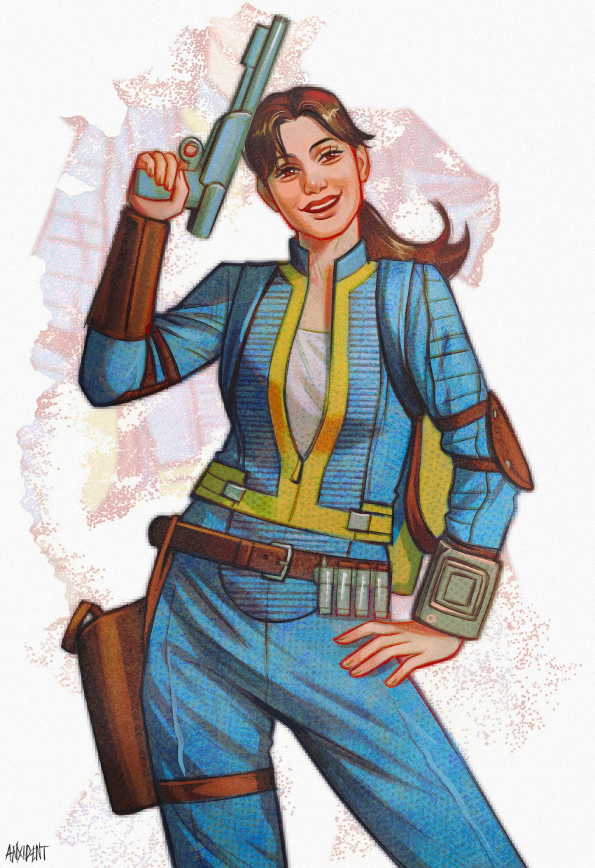 1girl, absurdres, anxident, artist_name, blue_jumpsuit, fallout, fallout_(prime_video), gun