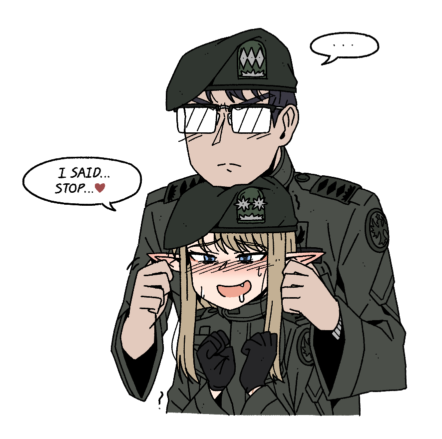 ..., 1boy, 1girl, blue_eyes, blush, brown_hair, drooling, elf