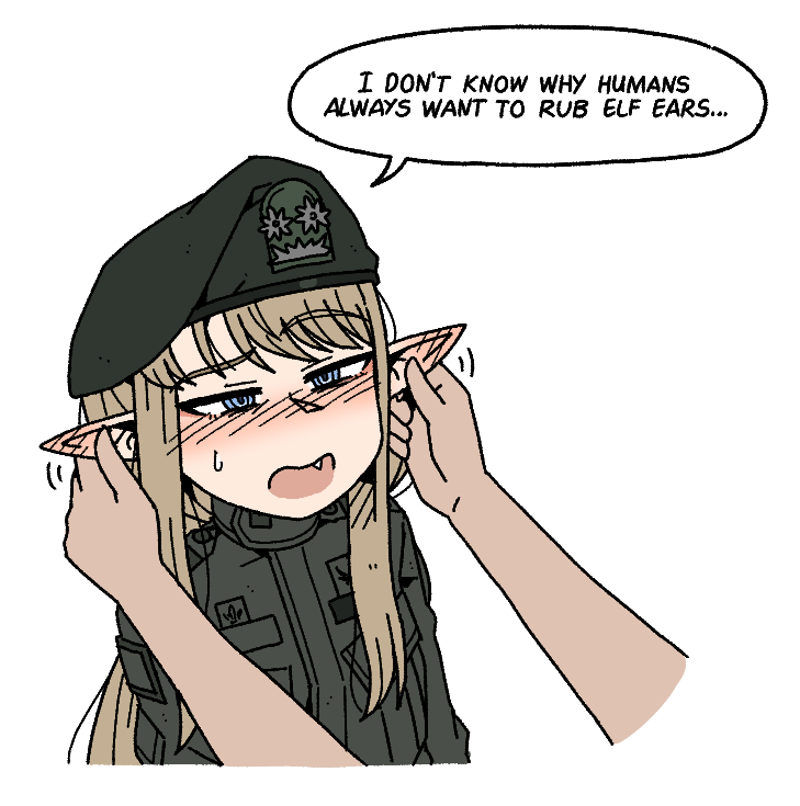 1girl, 1other, blue_eyes, blush, brown_hair, elf, english_text, fang, hat, karepack, long_hair, military_uniform, open_mouth, original, pointy_ears, rubbing_ears, sidelocks, simple_background, solo_focus, speech_bubble, white_background, yi_jina