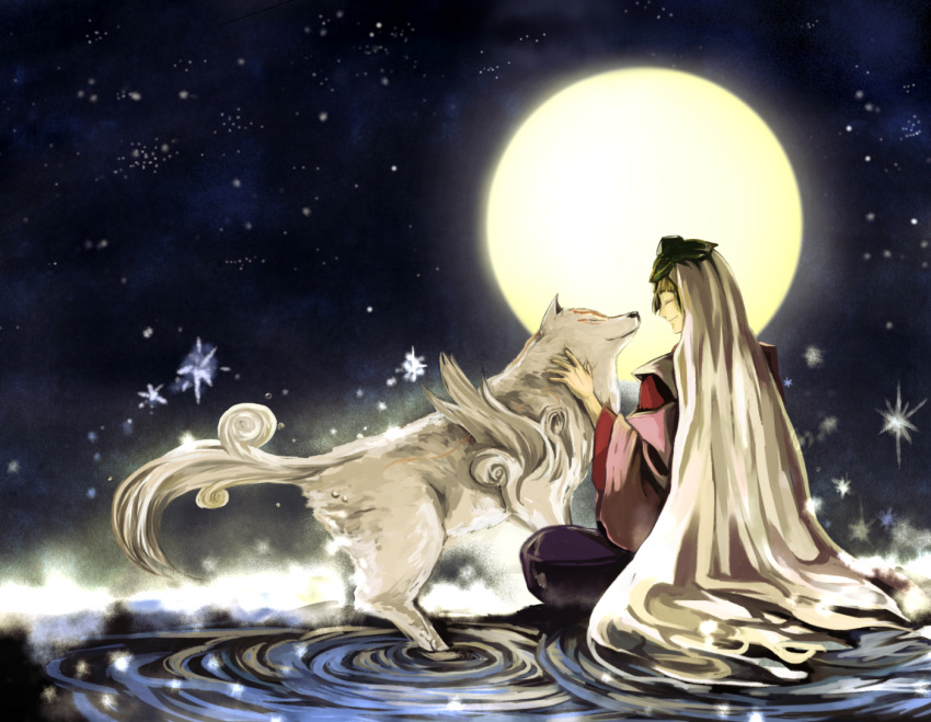 bad_id, closed_eyes, eyes_closed, long_hair, mask, moon, okami, ookami_(game), orime_(kau), silver_hair, sitting, smile, star_(sky), tattoo, ushiwakamaru, very_long_hair, water