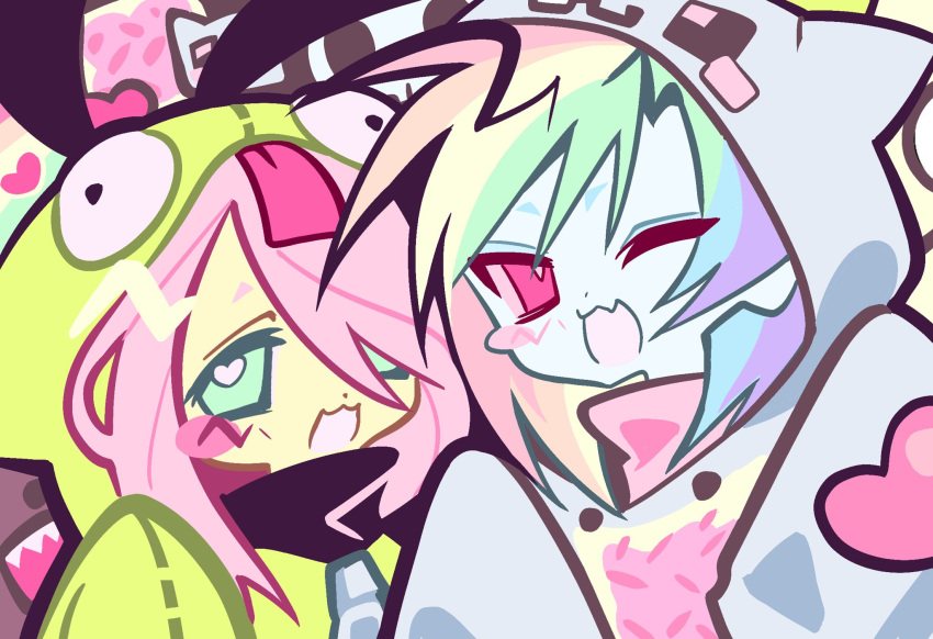 2girls, :3, :d, alternate_costume, animal_ears, animal_hood, antonymph, aqua_eyes