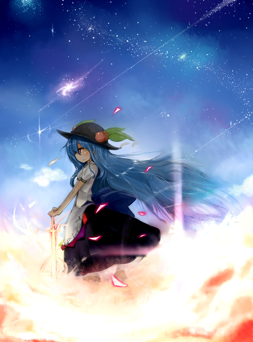 absurdres, arai_seiryuu, blue_hair, dress, food, fruit, hands_on_hilt, hat