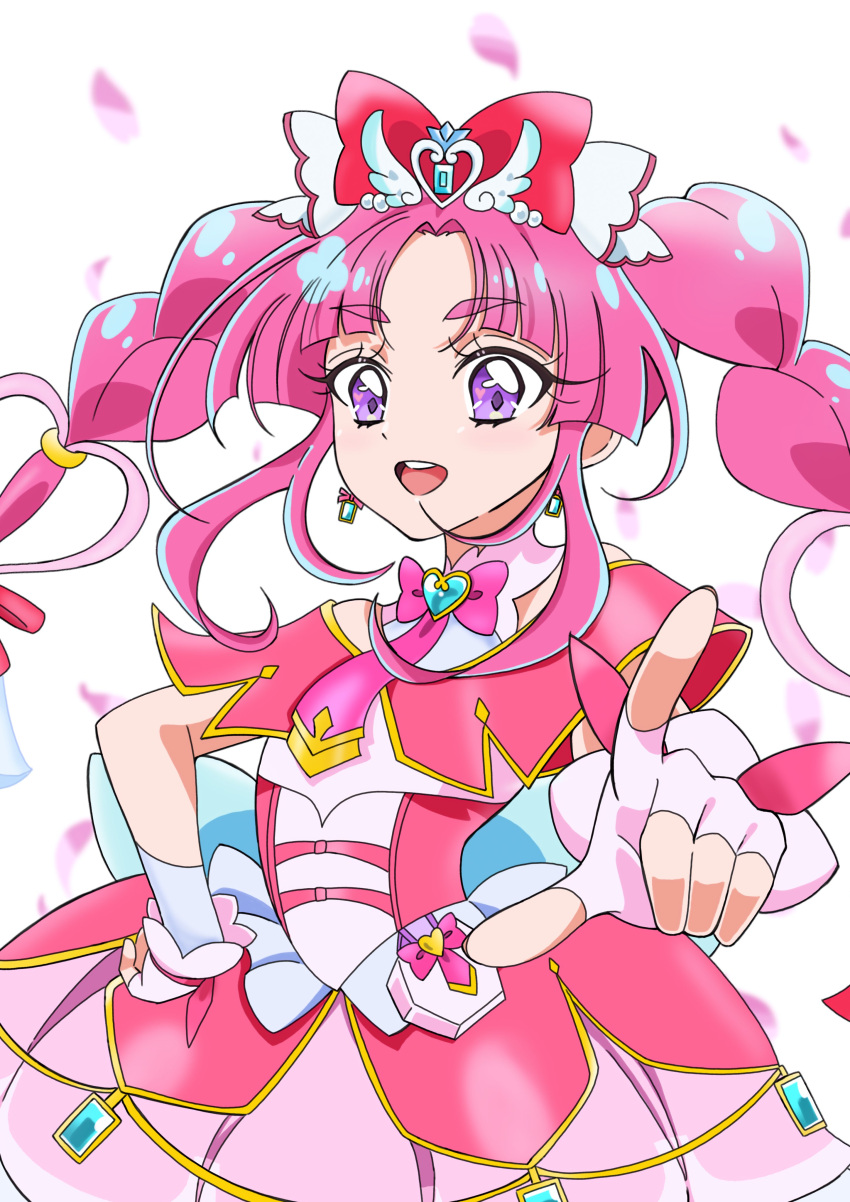 1girl, :d, absurdres, back_bow, bare_shoulders, blue_bow, blunt_bangs, blurry