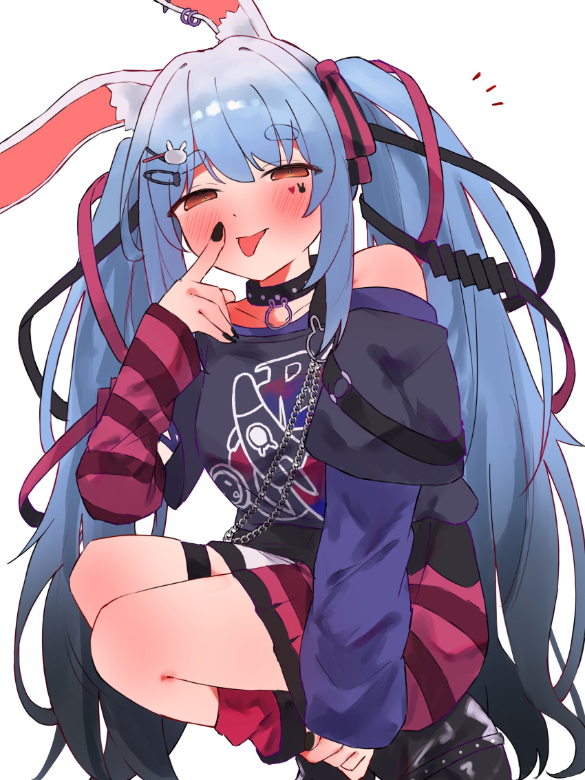 1girl, absurdres, animal_ears, black_collar, black_nails, black_shirt, black_shoes, blue_hair