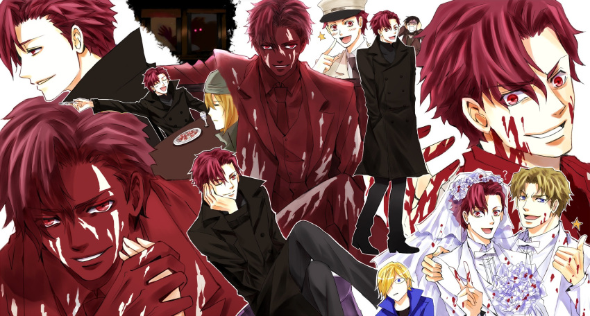 6+boys, 6+girls, baccano!, bandana, bandanna, black_hair, blonde_hair, blood