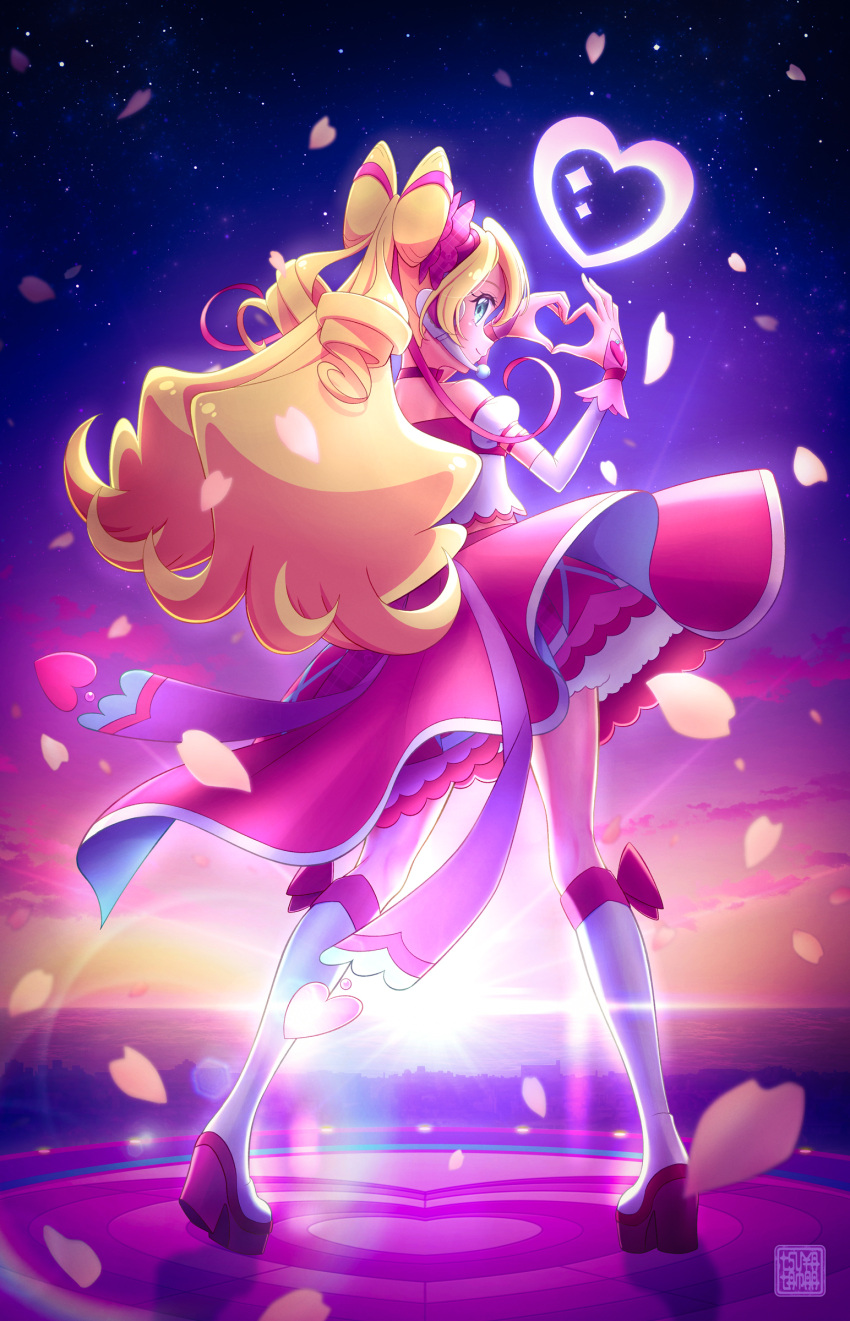 1girl, absurdres, artist_logo, backlighting, blonde_hair, blue_eyes, boots, bow, closed_mouth, commentary, cure_idol, double_bun, drill_hair, elbow_gloves, from_behind, gloves, hair_bow, hair_bun, headset, heart, heart_hands, highres, horizon, kimi_to_idol_precure, layered_gloves, logo, long_hair, looking_at_viewer, looking_back, magical_girl, medium_skirt, multicolored_hair, outdoors, petals, pink_gloves, pink_hair, pink_shirt, pink_skirt, precure, puffy_short_sleeves, puffy_sleeves, sakura_uta_(precure), shirt, short_sleeves, skirt, sky, smile, solo, stage, standing, star_(sky), starry_sky, streaked_hair, sun, sunrise, tsuyatamaa, twin_drills, white_boots, wind