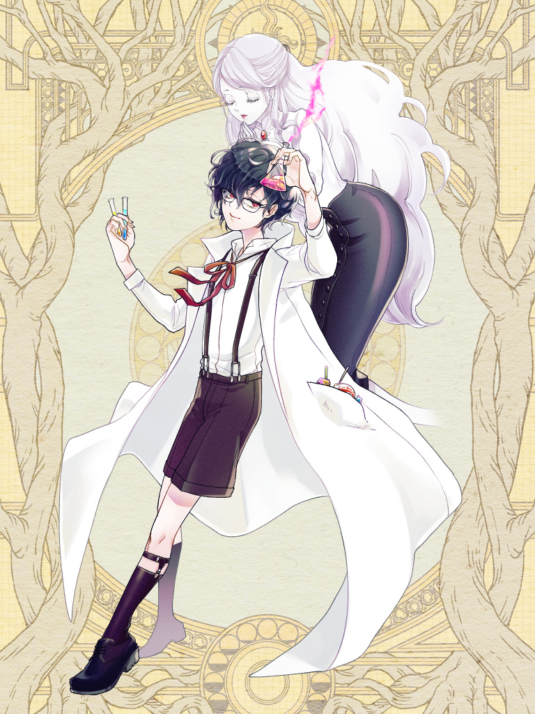 2girls, black_shoes, black_shorts, black_socks, christoph_poe, closed_eyes, colored_skin, dairoku_ryouhei