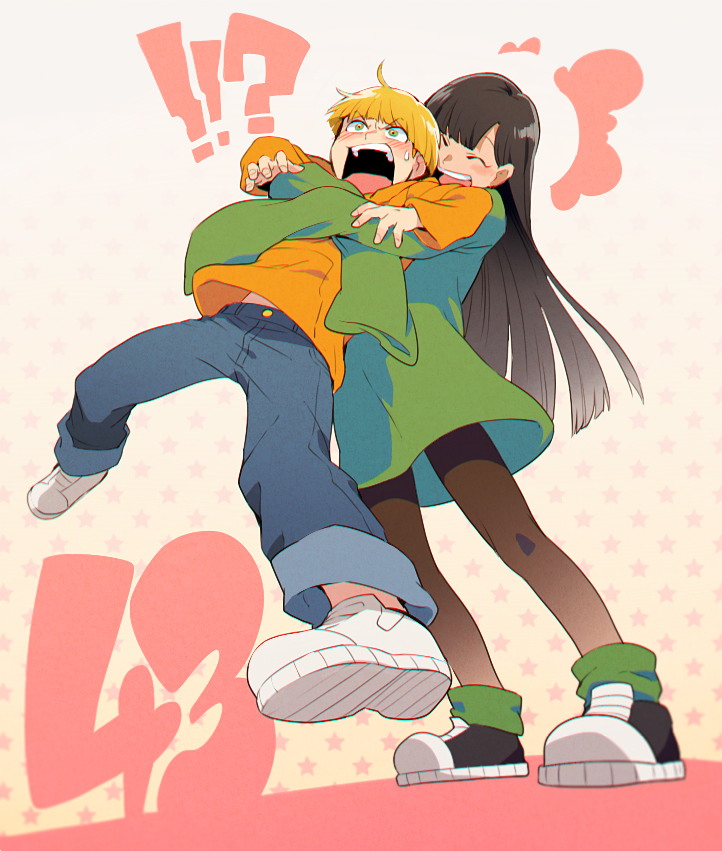 !?, 1boy, 1girl, black_hair, black_pants, blonde_hair, blunt_bangs, blush, child, codename:_kids_next_door, denim, green_eyes, green_shirt, hood, hoodie, hug, hug_from_behind, jeans, long_hair, long_sleeves, numbuh_3, numbuh_4, open_mouth, pants, shirt, short_hair, sleeves_past_fingers, sleeves_past_wrists, sweatdrop, t_k_g, teeth, tongue, upper_teeth_only, yellow_hoodie