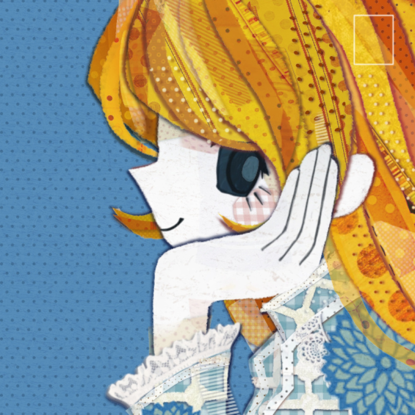 1girl, abcdef-t, absurdres, album_cover_redraw, blonde_hair, blue_background, blue_eyes, collage_(medium)