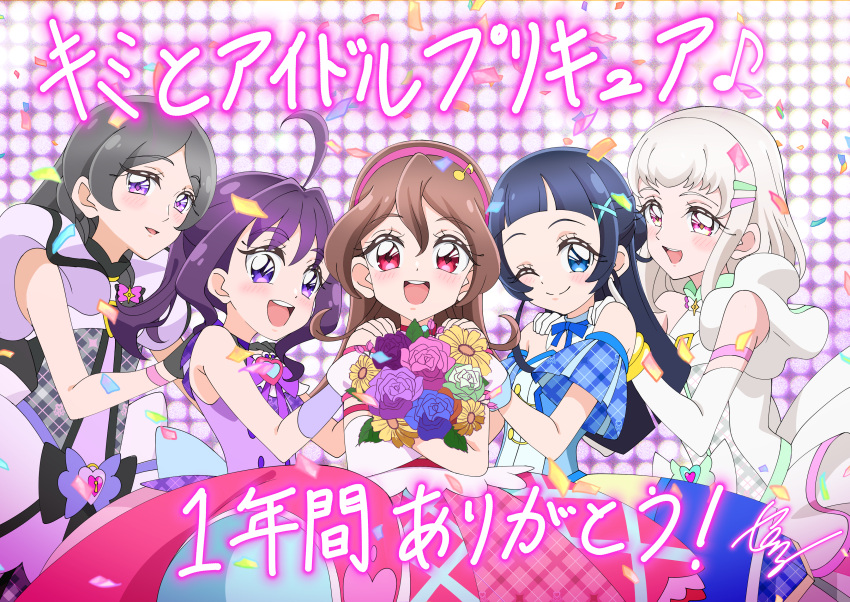 5girls, ;), absurdres, ahoge, aokaze_nana, artist_name, back_bow, black_gloves