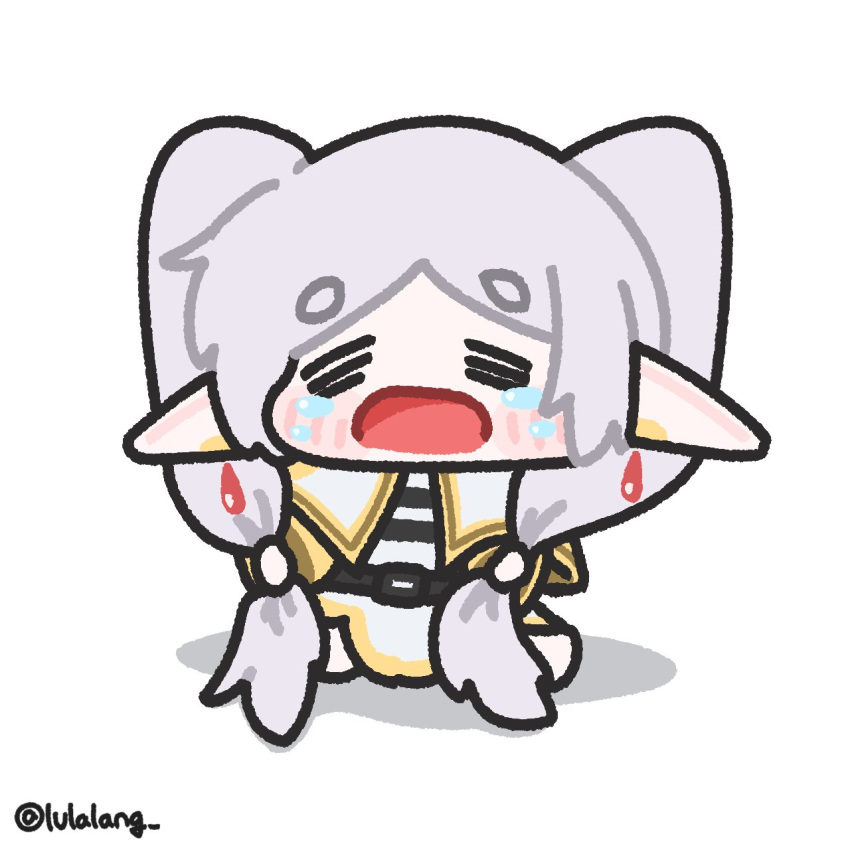 1girl, =_=, belt, black_belt, blush, capelet, chibi, chibi_only