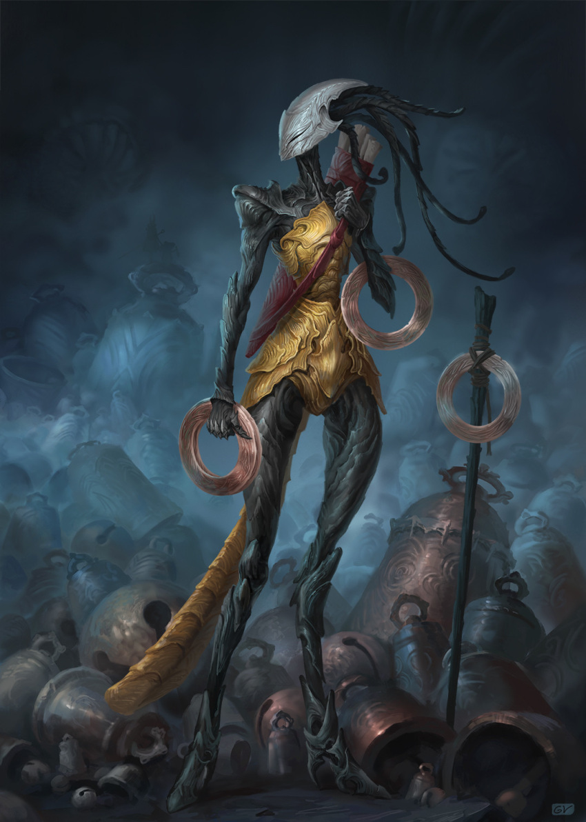 1girl, antennae, arthropod_girl, bag, bare_shoulders, bell, black_skin, chakram