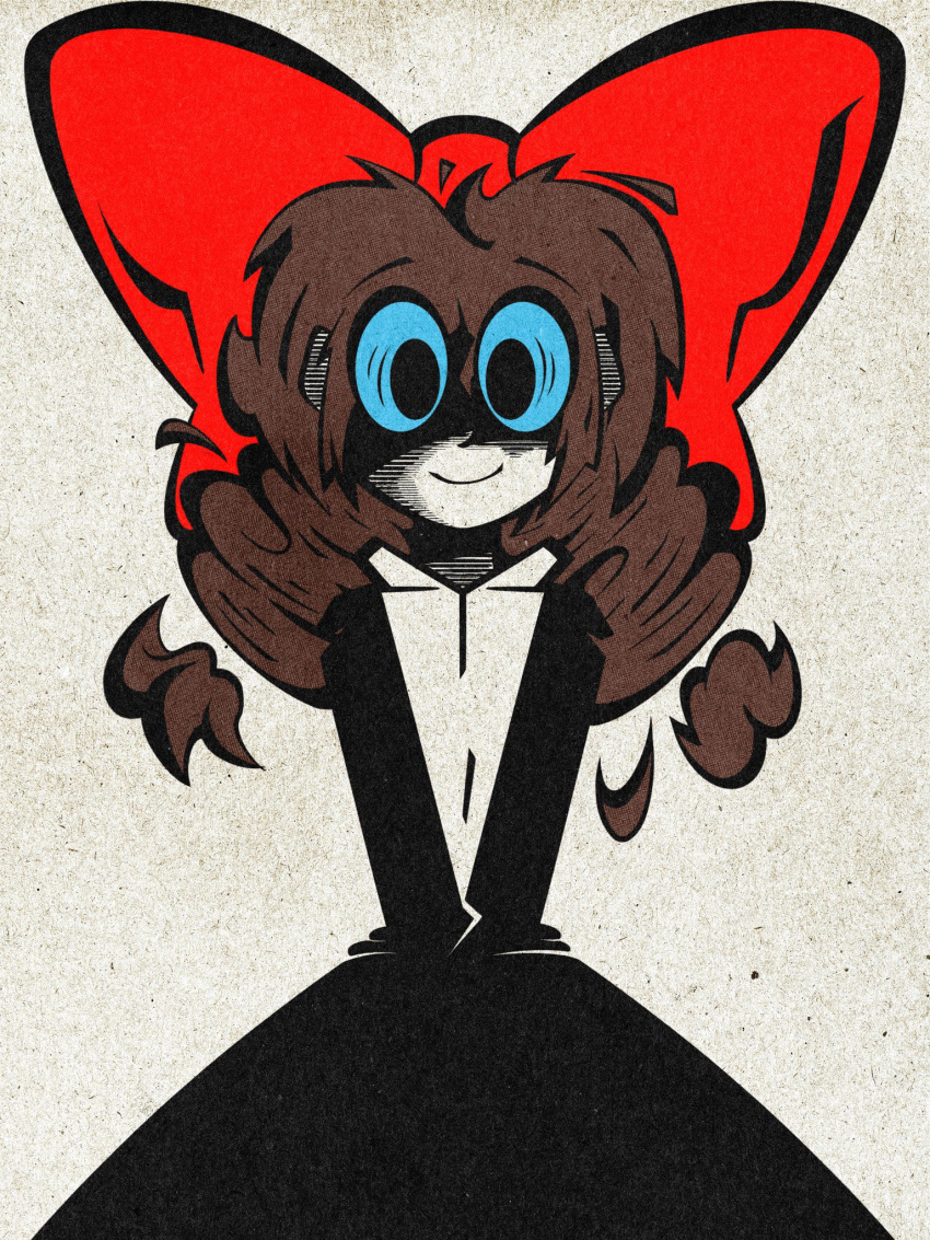 1girl, artichoke2_(dickpeacock11), black_dress, blue_eyes, bow, brown_hair, dress, film_grain