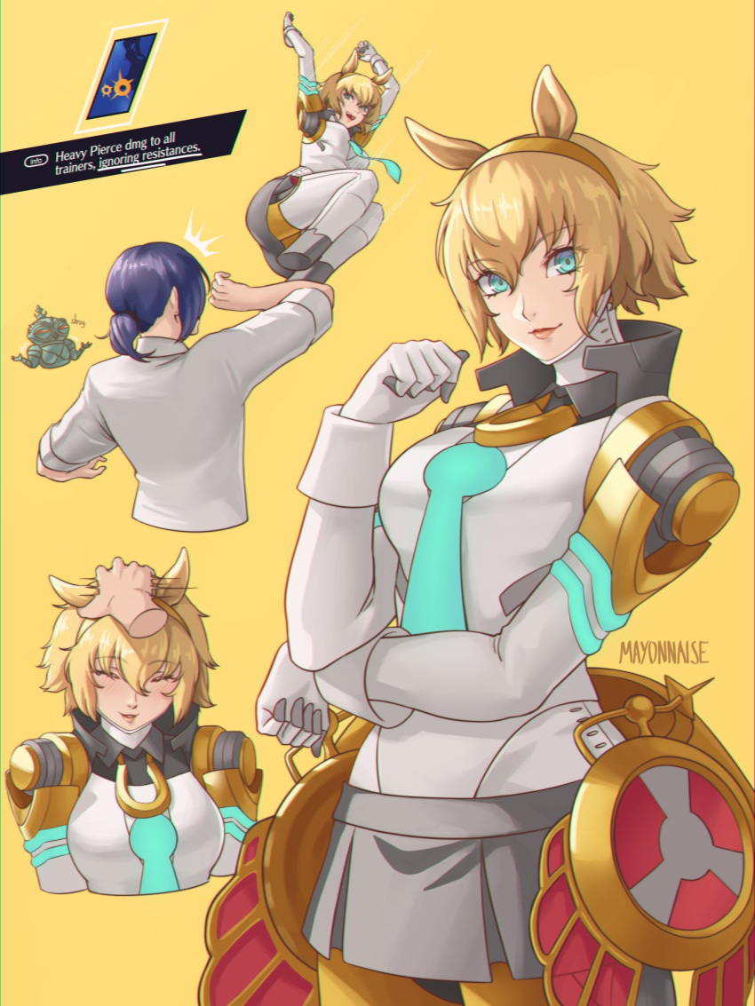 1boy, 1girl, aigis_(persona), android, animal_ears, arahabaki_(megami_tensei), blonde_hair, blue_eyes