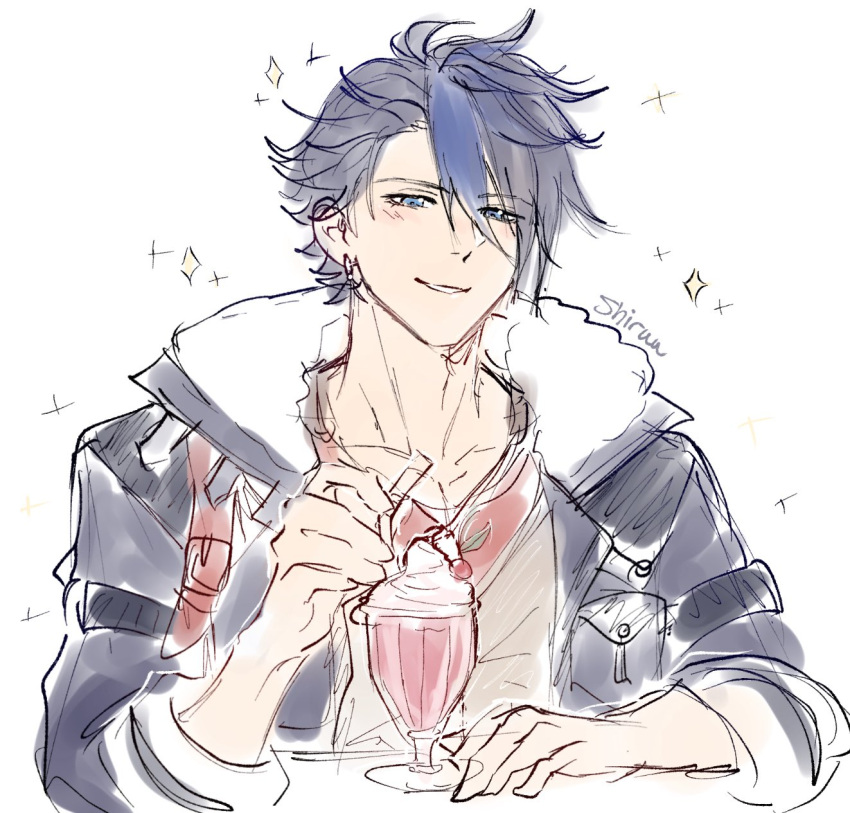 1boy, black_hair, blue_eyes, blue_hair, cherry, coat, collarbone, cup, drinking_straw, earrings, eiyuu_densetsu, english_commentary, food, fruit, fur_collar, hair_between_eyes, highres, holding, holding_drinking_straw, ice_cream, jewelry, kuro_no_kiseki_(series), long_sleeves, male_focus, multicolored_hair, parted_bangs, parted_lips, shiruuruu, simple_background, sketch, smile, solo, sparkle, sparkle_background, streaked_hair, sundae, two-tone_hair, van_arkride, white_background