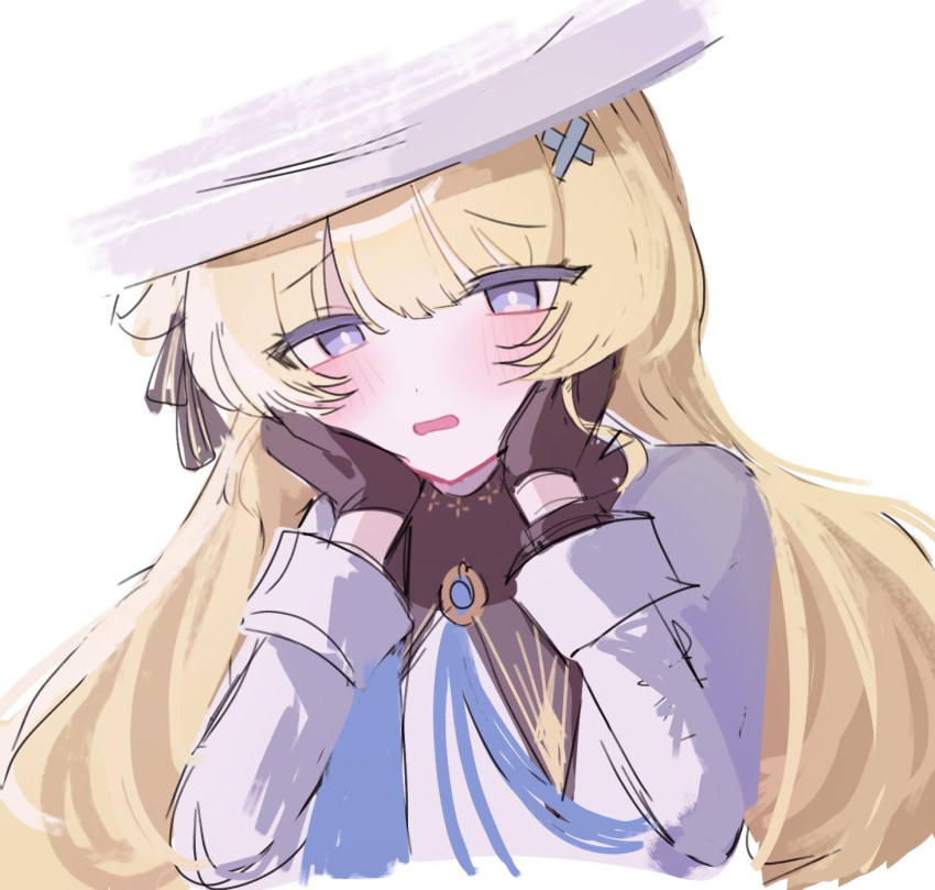 1girl, black_gloves, blonde_hair, blue_eyes, blue_sash, blush, gloves, hair_ornament