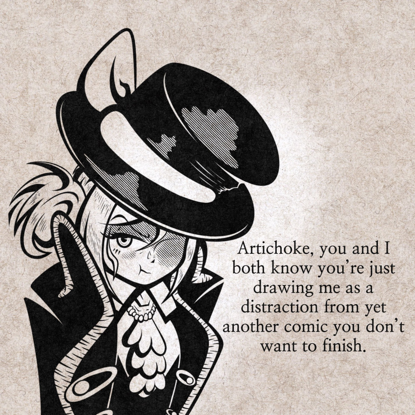 1girl, artichoke2_(dickpeacock11), ascot, film_grain, hat, highres, jacket, long_hair