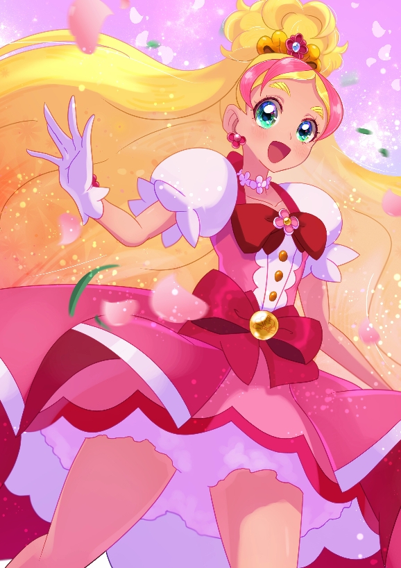 1girl, blonde_hair, collarbone, commentary_request, cowboy_shot, cure_flora, dress, gloves, go!_princess_precure, green_eyes, long_hair, looking_at_viewer, magical_girl, omega_takai, open_mouth, pink_dress, ponytail, precure, puffy_short_sleeves, puffy_sleeves, purple_background, short_sleeves, solo, very_long_hair, white_gloves