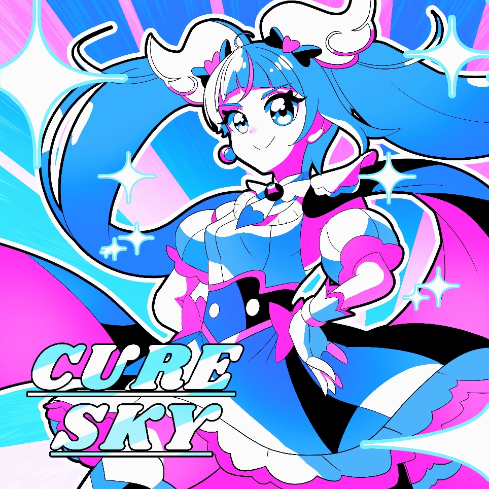 1girl, character_name, closed_mouth, commentary_request, cure_sky, dress, eyelashes, fingerless_gloves