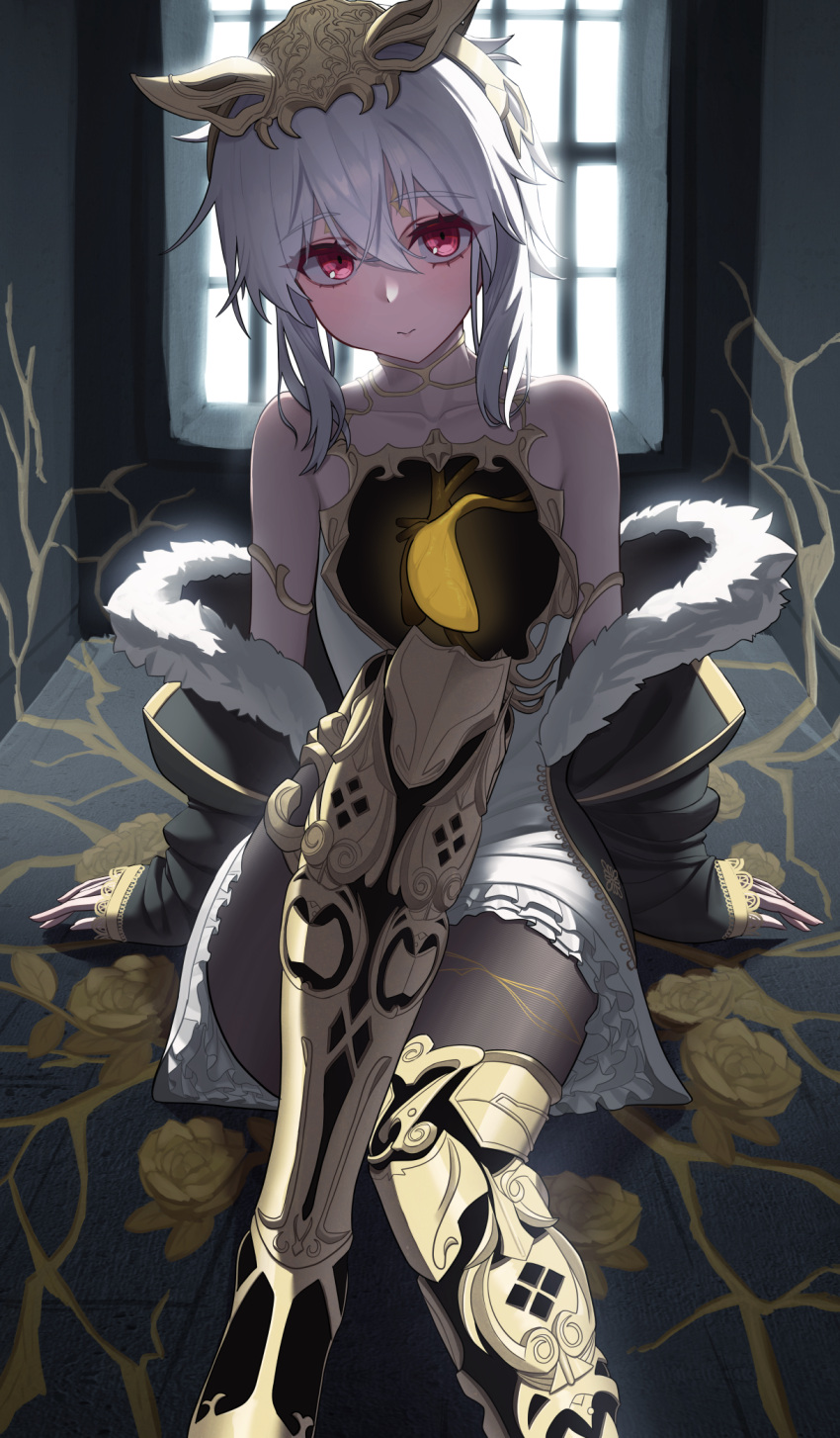 1girl, bare_shoulders, black_pantyhose, closed_mouth, code_vein, code_vein_ii, collarbone, commentary_request, fur-trimmed_jacket, fur_trim, grey_hair, hair_between_eyes, highres, indoors, jacket, looking_at_viewer, lou_magmell, off_shoulder, pantyhose, red_eyes, ru_wan_chi, short_hair, sidelocks, sitting, solo, window