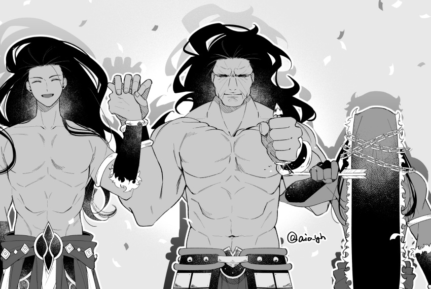 3boys, abs, aio_yh, alcides_(fate), artist_name, before_and_after, commentary_request, fate/strange_fake