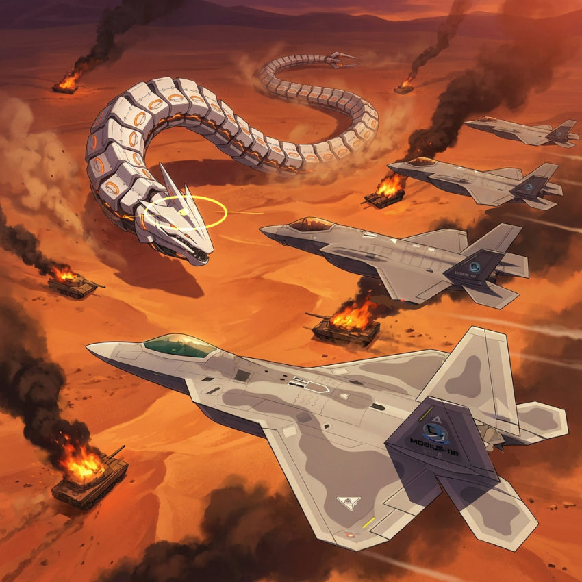 ace_combat, ace_combat_04, ace_combat_7, binah_(blue_archive), blue_archive, commentary_request, crossover, decagrammaton_(blue_archive), desert, destruction, f-22_raptor, f-35_lightning_ii, halo, highres, kisaragi_shokuin, m1_abrams, military_vehicle, mobius_1, motor_vehicle, sunset, tank, vehicle_focus