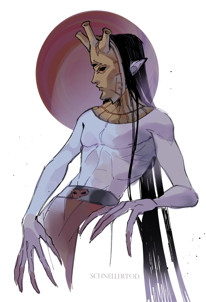 1boy, artist_name, belt, black_belt, black_hair, claws, colored_skin, commentary
