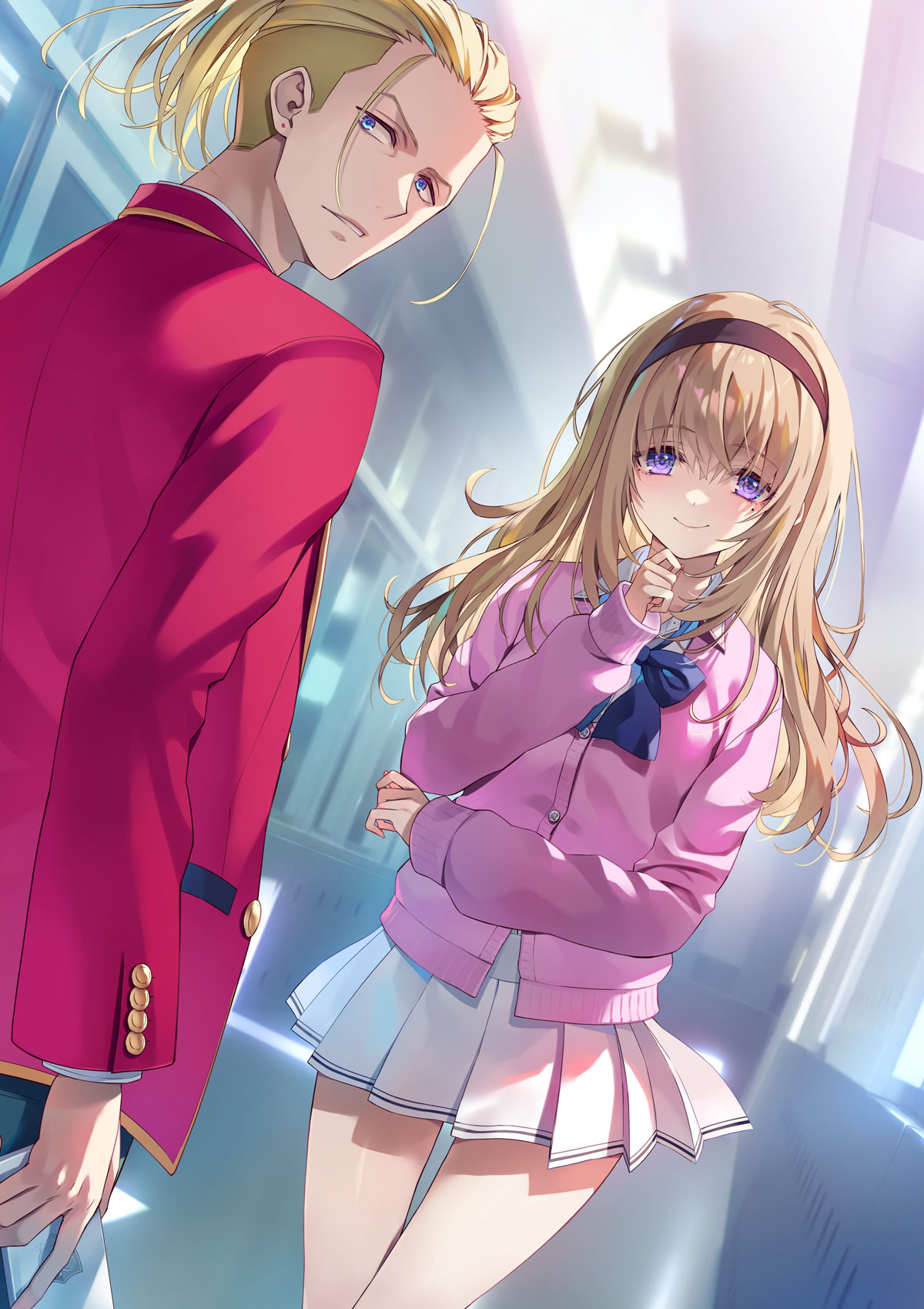 1boy, 1girl, advanced_nurturing_high_school_uniform, blazer, blonde_hair, blue_eyes, brown_hairband, cardigan