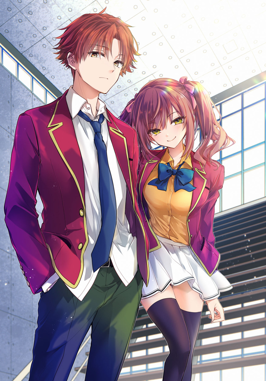 1boy, 1girl, advanced_nurturing_high_school_uniform, amasawa_ichika, ayanokouji_kiyotaka, black_thighhighs, blazer, blue_bow