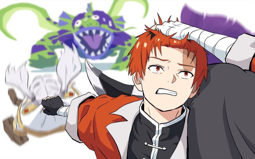 1boy, 2girls, axe, battle_axe, black_gloves, black_robe, cape, carrying_over_shoulder