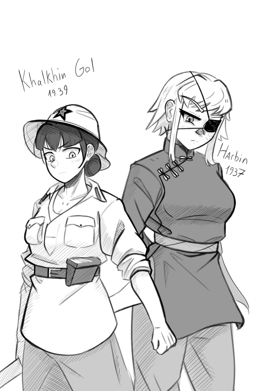 2girls, absurdres, battle_of_khalkhin_gol, belt, black_hair, breast_pocket, breasts, china_dress