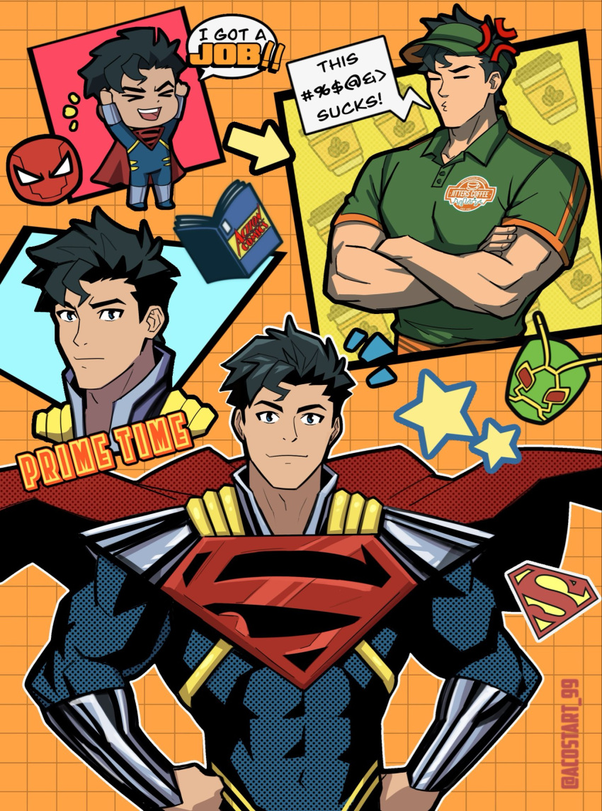 1boy, abs, ambush_bug, black_hair, blue_eyes, bodysuit, cape, clark_kent, commentary, dc_comics, english_commentary, highres, kristian_acosta, male_focus, multicolored_bodysuit, muscular, muscular_male, pectorals, red_cape, red_hood_(dc), short_hair, superboy-prime, superhero_costume, superman_(series), superman_logo, taut_bodysuit, two-tone_bodysuit, western_comics_(style)