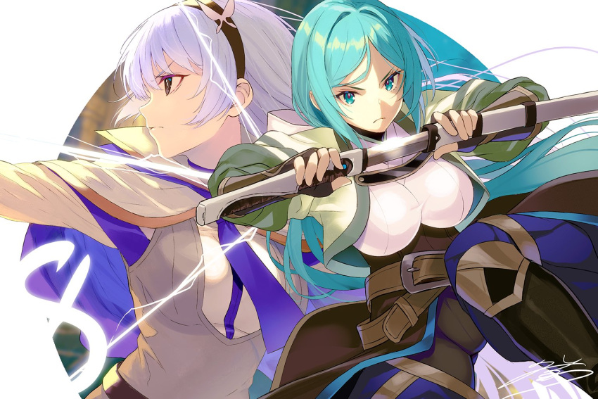 2girls, aqua_hair, belt, black_hairband, blue_eyes, blue_necktie, boots, bow_(weapon)